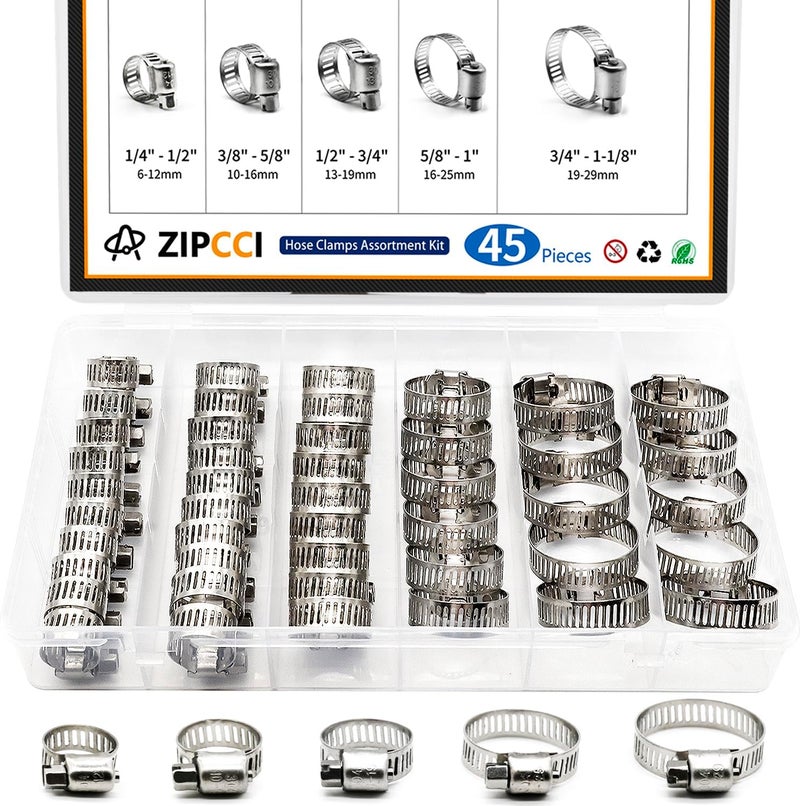 ZIPCCI Hose Clamp Assortment, 45 Pack Stainless Steel Hose Clamps Kit Worm Gear Fuel Line Pipe Clamps (1/4 in to 1-1/8 in) - Image 1